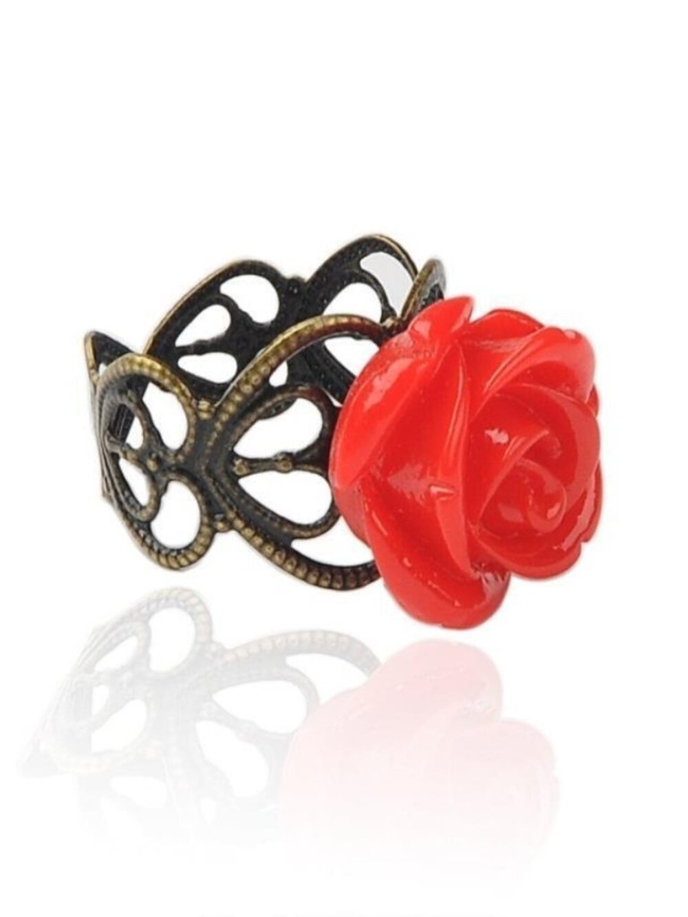 Lacy Bronze Victorian Style Red Rose Flower Lucite Cabochon Adjustable Ring